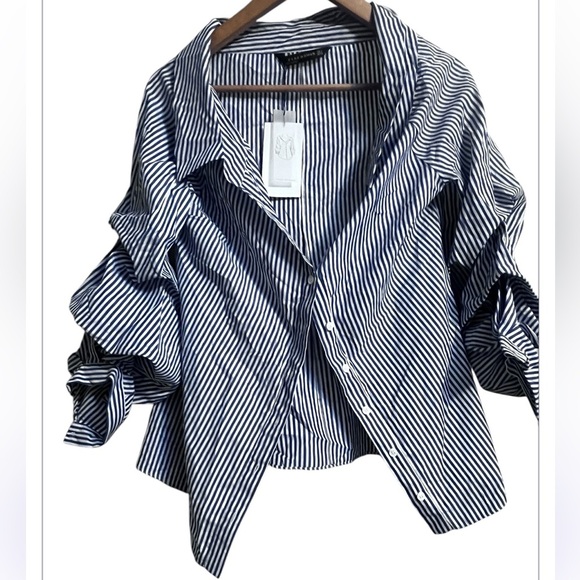Zara Women Striped Button-Up Blouse Sz M Ruffed Sleeves - Picture 6 of 6
